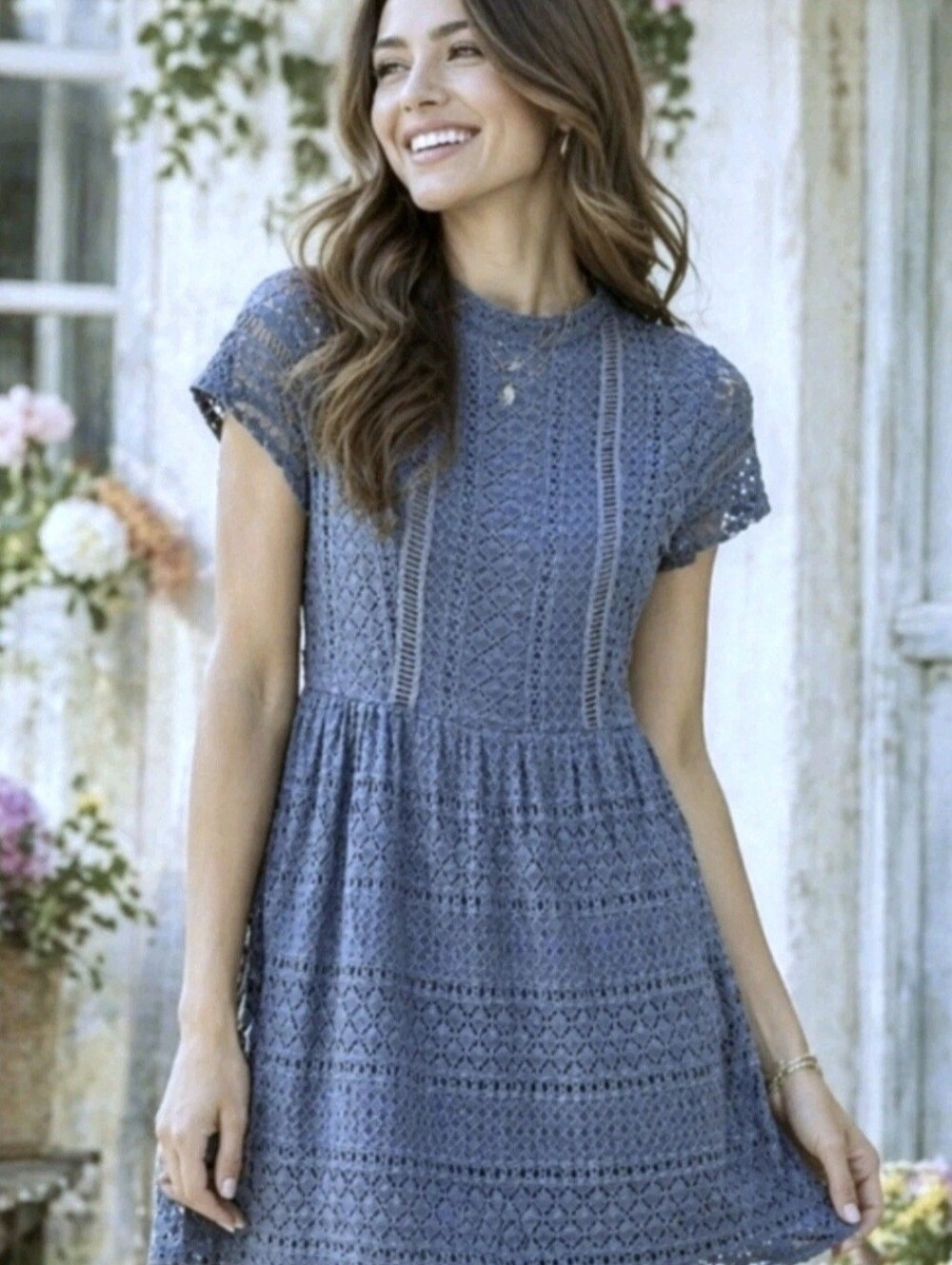 Francesca's Fit & Flare Lace Overlay Dress Small Blue Cottagecore